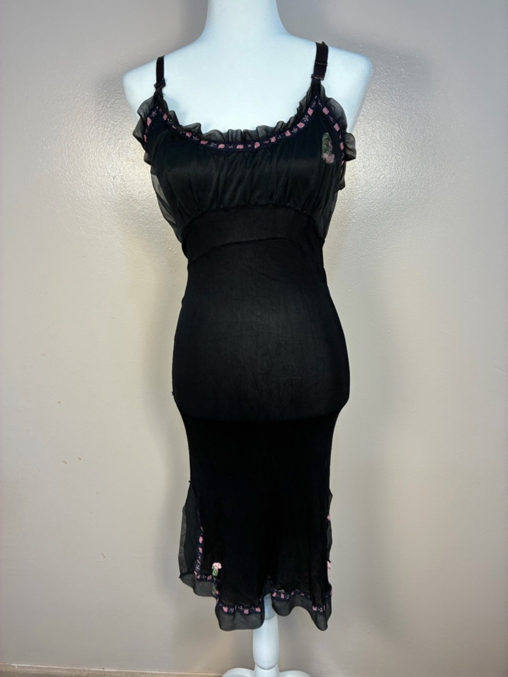 Vintage Unbranded Nylon Ribbon Rose Milkmaid Midi Dress Slip